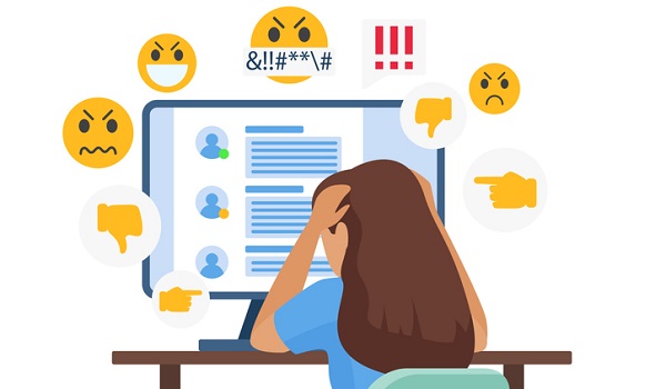 Cyber bullying people vector illustration, cartoon flat sad young bullied girl character sitting in front of computer with online dislike in social media